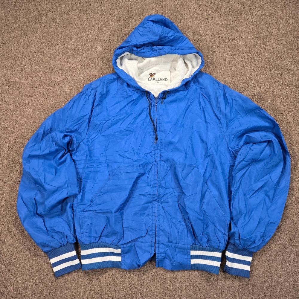 Vintage Lakeland Hooded Windbreaker Jacket Mens 40 Blue White Striped Trim Talon